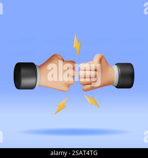 Mains 3D poings en conflit isolé. Rendu du symbole de geste de poing de main. Protestation de force ou de puissance. Signe de révolution et de protestation. Illustration vectorielle de dessin animé. Mains 3D poings en conflit isolé Illustration de Vecteur