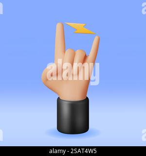 Symbole de geste de la main 3D isolé. Rendu Rock n Roll Music Hand Emoji. Main de dessin animé à bascule montrant le signe de klaxons. Concept d'icône de musique. Illustration vectorielle. Symbole de geste de la main 3D isolé Illustration de Vecteur