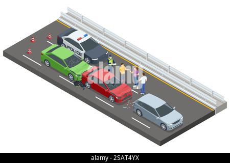 Trois véhicules impliqués dans un accident routier avec des dommages visibles. Une voiture de police est présente, et les policiers enregistrent les déclarations des conducteurs. Voiture Illustration de Vecteur