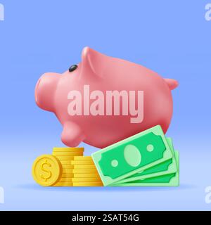 Banque 3D Piggy avec pièces et billets de banque. Rendez Plastic Piggy Bank pour de l'argent. Moneybox en forme de porc. Concept d'argent comptant, placement de dépôt d'entreprise, épargne financière. Illustration vectorielle. Banque 3D Piggy avec pièces et billets de banque Illustration de Vecteur