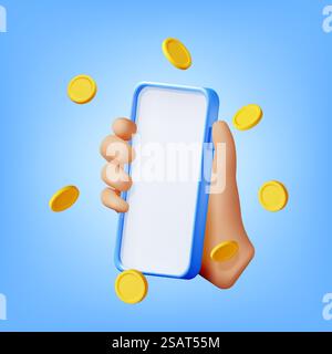 Smartphone 3D en main et argent dans Air isolé. Rendre téléphone mobile avec pièce d'or. Paiement et transfert en ligne mobile. Finance, investissement, économie d'argent. Casino Internet. Illustration vectorielle. Smartphone 3D en main et argent en Air Illustration de Vecteur