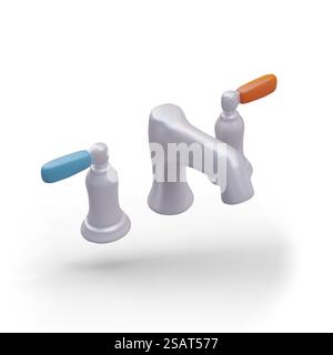 Robinet pour bain, éviers. Illustration couleur 3D avec régulateur rouge et bleu. EQUIPEMENT de plomberie. Ensemble d'objets vectoriels, vue de dessus. Modèle pour la conception Web. Robinet pour bain, éviers. Illustration couleur 3D avec régulateur rouge et bleu Illustration de Vecteur
