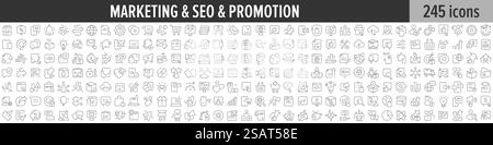 Collection d'icônes linéaires marketing, SEO et promotion. Grand ensemble de 245 icônes de marketing, SEO et promotion. Collection d'icônes de lignes fines. Illustration vectorielle Illustration de Vecteur