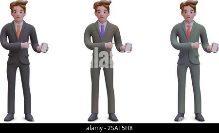 Homme d'affaires pointant sur smartphone avec écran vide. Ensemble d'illustrations en différentes couleurs. Maquette pour application téléphonique publicitaire. Image dans le style de dessin animé. Homme d'affaires pointant sur smartphone avec écran vide. Ensemble d'illustrations en différentes couleurs Illustration de Vecteur