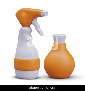Vaporiser détergent et bouteille avec produit cosmétique avec des éléments orange. Concept de surface propre et de maison. Illustration vectorielle dans un style réaliste 3D avec fond blanc. Vaporiser détergent et bouteille avec produit cosmétique avec des éléments orange Illustration de Vecteur