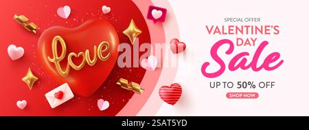Valentine & rsquo ; s modèle de bannière de vente de jour avec l'amour de texte d'or 3d et le coeur rouge. Bannière de vacances, affiche ou dépliant pour la Saint-Valentin & rsquo ; s jour. Salutations et cadeaux pour le concept d'amour. Illustration de Vecteur