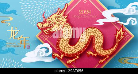 Couplet de printemps Dragon sur fond bleu clair avec des nuages et des motifs géométriques. Traduction du texte : année du Dragon. Fortune... Bannière CNY de l'année dragon de style papier Illustration de Vecteur