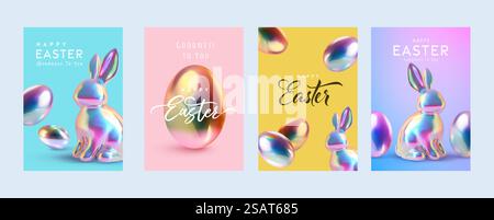 Cartes de voeux de Pâques, affiche ou modèle de bannière avec lapin et œufs de Pâques dans le style holographique métallique dégradé. Salutations et cadeaux pour le jour de Pâques. Modèle de promotion et de shopping pour Pâques Illustration de Vecteur