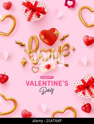 Valentine & rsquo ; s affiche de jour et modèle de bannière avec le lettrage Golden Love et boîte cadeau en forme de coeur. Vecteur de Valentine & rsquo ; s affiche ou bannière de jour. Salutations et cadeaux pour l'amour ou Valentine concept. Illustration de Vecteur