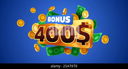 bonus de 400 dollars. Chute de pièces d'or. Cashback ou concept de prix. Illustration vectorielle. bonus de 400 dollars. Chute de pièces d'or. Cashback ou concept de prix. Illustration de Vecteur