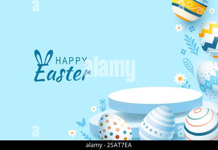 Podium de vacances de Pâques, lièvre avec un panier d'oeufs de Pâques, lapin de Pâques et oeufs. Vecteur. Podium de vacances de Pâques, lièvre avec un panier d'oeufs de Pâques, lapin de Pâques et oeufs. Illustration vectorielle Illustration de Vecteur