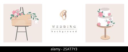 Bannière de toile horizontale de mariage. Planche en bois avec des fleurs roses, bagues de proposition, gâteau de vacances à l'invitation élégante de mariage. Illustration vectorielle pour le site Web d'en-tête, modèles de couverture dans la conception moderne Illustration de Vecteur