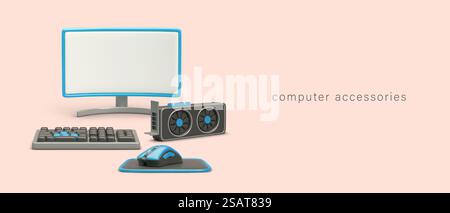 Accessoires informatiques réalistes. Moniteur large, carte vidéo, clavier, souris avec pad. Lieu de travail du programmeur, employé de bureau. Concept de magasin de gadgets informatiques. Formation aux technologies de l'information. Accessoires informatiques réalistes. Moniteur large, carte vidéo, clavier, souris avec pad Illustration de Vecteur