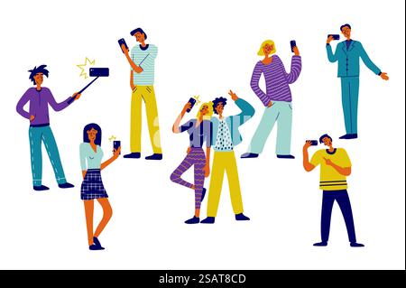 Les personnes avec des téléphones mobiles mis en place dans la conception de caractère plat pour le web. Regroupez des personnes de différentes femmes et hommes qui travaillent à l'aide de smartphones, font des selfies, prennent des photos, discutent en ligne. Illustration vectorielle. Illustration de Vecteur