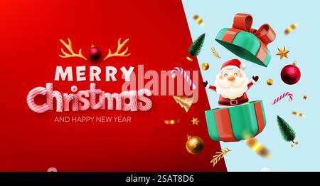 Joyeux Noël et bonne année affiche ou bannière avec le père noël mignon dans la boîte cadeau et l'élément de noël pour la vente au détail, le shopping ou la promotion de Noël. Illustration vectorielle eps 10 Illustration de Vecteur