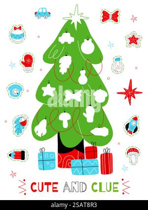Arbre de Noël jeu pour enfants. Éducation des enfants, autocollants de jouets du nouvel an, modèle de feuille de travail de décoration d'arbre, espaces vides avec des silhouettes, page de livre. Passe-temps enfantin. Concept isolé de vecteur chic. Arbre de Noël jeu pour enfants. Éducation des enfants, autocollants de jouets du nouvel an, modèle de feuille de travail de décoration d'arbre, espaces vides avec des silhouettes, page de livre. Concept isolé de vecteur chic Illustration de Vecteur