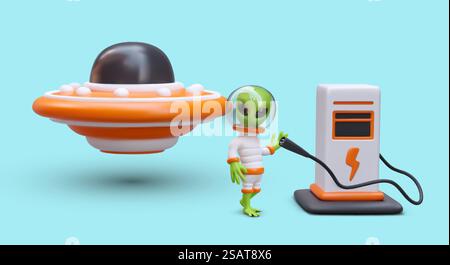 Extraterrestre charge soucoupe volante. Recharge OVNI. Publicité de stations de recharge de voiture électrique. Concept avec illustration 3D dans le style de dessin animé. Énergie verte. Extraterrestre charge soucoupe volante. Recharge OVNI. Publicité de stations de recharge de voiture électrique Illustration de Vecteur