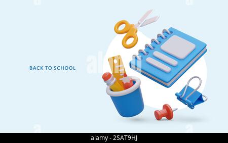 Papeterie scolaire dans le style de dessin animé. Des éléments réalistes pour l'apprentissage. Retour à l'école. Publicité horizontale de magasin, place pour logo, annonce promotionnelle, bouton. Papeterie scolaire dans le style de dessin animé. Des éléments réalistes pour l'apprentissage. Retour à l'école Illustration de Vecteur