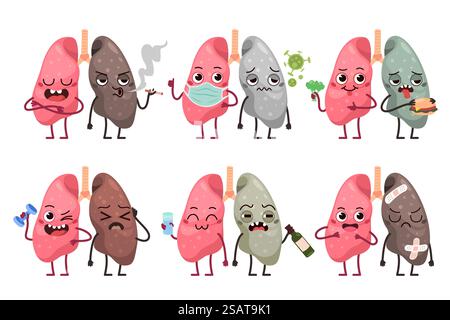 Personnages mignons de poumons. Mascotte saine et malsaine d'organes humains de dessin animé, infections virales, maladies respiratoires, pneumonie et covid, protection contre la pollution atmosphérique, ensemble de soins de santé isolé par vecteur de tidy. Personnages mignons de poumons. Mascotte saine et malsaine d'organes humains de dessin animé, infections virales, maladies respiratoires, pneumonie et covid, protection contre la pollution atmosphérique, ensemble isolé de vecteurs ordonnés Illustration de Vecteur