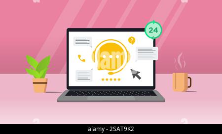 Service d'assistance téléphonique avec écouteurs et ordinateur portable pour le commerce électronique. Concept de consultation, télémarketing, consultant, secrétaire. Illustration vectorielle avec fond rouge ou rose. Illustration de Vecteur