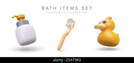 Ensemble d'articles de bain. canard en caoutchouc réaliste 3d, distributeur pour différents liquides et brosse à dents. Affiche Web pour les magasins vendant des produits cosmétiques et des jouets. Illustration vectorielle. Ensemble d'articles de bain. canard en caoutchouc réaliste 3d, distributeur pour différents liquides et brosse à dents Illustration de Vecteur