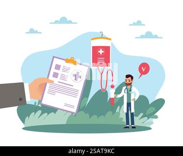 Don de sang, transfusion volontaire. Médecin à l'hôpital, document médical de la main, sac en plastique rouge. Affiche de la Journée mondiale du donneur de sang. Concept isolé de soins de santé et de charité de style plat de dessin animé vectoriel. Don de sang, transfusion volontaire. Médecin à l'hôpital, document médical de la main, sac en plastique rouge. Affiche de la Journée mondiale du donneur de sang. Concept de soins de santé plats de dessin animé vectoriel et de charité Illustration de Vecteur
