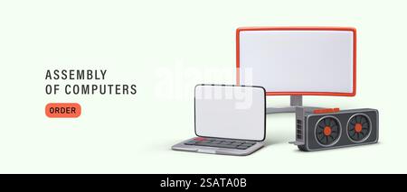 Assemblage d'ordinateurs. Sélection de l'équipement pour différents besoins. Gadgets pour employés de bureau, freelances, étudiants. Conseil. Concept pour magasin d'accessoires informatiques. Assemblage d'ordinateurs. Sélection de l'équipement pour différents besoins Illustration de Vecteur