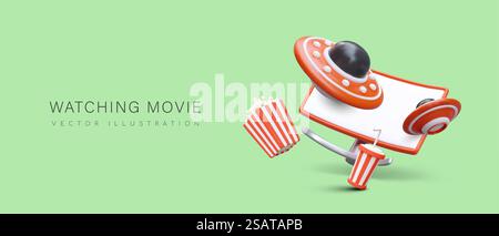 Regarder un film. Fantaisie, aventures spatiales. Écran large réaliste, soucoupes volantes, seaux de pop-corn. Bannière drôle dans le style de dessin animé. Lieu pour l'annonce. Regarder un film. Fantaisie, aventures spatiales. Écran large réaliste, soucoupes volantes, seaux de pop-corn Illustration de Vecteur