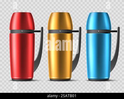 Thermos réalistes. Flacons de randonnée 3d de différentes couleurs avec poignées en plastique, thé voyageur, bouteilles de café, récipients de boissons chaudes, paquet inoxydable pour les objets isolés de boissons chaudes, ensemble de vecteur total. Thermos réalistes. Différentes couleurs 3d flacons de randonnée avec poignées en plastique, thé voyageur, bouteilles de café, récipients de boissons chaudes, paquet inoxydable pour les boissons chaudes ensemble de vecteur utter Illustration de Vecteur
