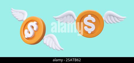 Pièce de monnaie avec signe dollar et ailes blanches. Remise. Ensemble d'illustrations vectorielles dans différentes positions. Symbole de profit, prospérité, bonus. Icônes pour l'application financière. Pièce de monnaie avec signe dollar et ailes blanches. Remise. Ensemble d'illustrations vectorielles Illustration de Vecteur