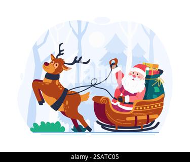 Père Noël sur un traîneau tiré par un renne, portant un sac plein de cadeaux. Illustration de concept de joyeux Noël Illustration de Vecteur