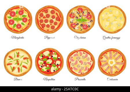 Ensemble de types de pizza. Différents types de remplissage, restauration rapide italienne, gâteau rond de pâte, sauce tomate, fromage, légumes et viande, pepperoni entier margherita et carbonara dessin animé vectoriel récent ensemble isolé. Ensemble de types de pizza. Différents types de remplissage, restauration rapide italienne, gâteau rond de pâte, sauce tomate, fromage, légumes et viande, pepperoni entier margherita et carbonara ensemble récent de dessins animés vectoriels Illustration de Vecteur