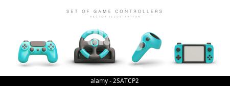 Ensemble de contrôleurs de jeu bleus. Image réaliste de manette de jeu, console, volant. Icônes du joystick. Illustration vectorielle isolée avec des ombres sur fond blanc. Concept des appareils de jeu modernes. Ensemble de contrôleurs de jeu bleus. Image réaliste de manette de jeu, console, volant Illustration de Vecteur