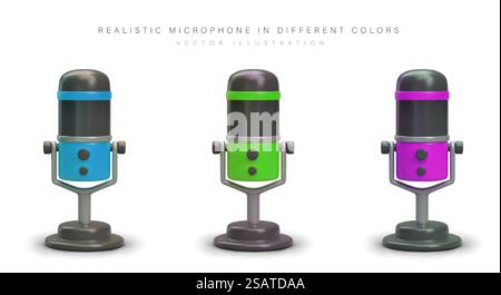 Ensemble de microphones 3D de couleur bleue, verte, violette. Dispositif d'enregistrement sonore. EQUIPEMENT professionnel de chanteur, animateur radio. Microphone sur pied. Podcast. Ensemble de microphones 3D de couleur bleue, verte, violette. Dispositif d'enregistrement sonore Illustration de Vecteur