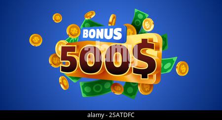 bonus de 500 dollars. Chute de pièces d'or. Cashback ou concept de prix. Illustration vectorielle. bonus de 500 dollars. Chute de pièces d'or. Cashback ou concept de prix. Illustration de Vecteur