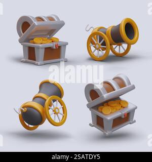 Ensemble d'icônes de combat de jeu vectoriel. Coffre 3D plein de pièces d'or, canon sur roues. Concept de bataille et de récompense. Image isolée avec des ombres. Vue de différents côtés. Modèle pour web design, animation. Ensemble d'icônes de combat de jeu vectoriel. Coffre 3D plein de pièces d'or, canon sur roues Illustration de Vecteur