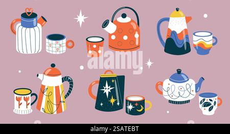 Tasses et théières. Bouilloires à motifs mignons, tasses en céramique, vaisselle amusante de conception différente, tasse de boissons chaudes, produits en porcelaine confortables, vaisselle en poterie de cuisine, ensemble isolé de style plat de dessin animé vectoriel. Tasses et théières. Bouilloires à motifs mignons, tasses en céramique, vaisselle amusante de conception différente, tasse de boissons chaudes, produits en porcelaine confortables, vaisselle en poterie de cuisine, ensemble isolé de dessin animé vectoriel Illustration de Vecteur