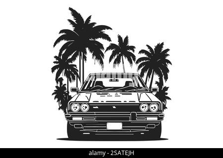 Voiture de sport classique japonaise des années 80 isolée sur un fond blanc, vue de face. Illustration vectorielle auto meilleur pour emblème, affiche, autocollant, t-shirt imprimé et bannière .. Voiture de sport classique japonaise des années 80 isolée sur un fond blanc, vue de face. Illustration vectorielle auto meilleur pour l'impression d'autocollant et de t-shirt. Illustration de Vecteur