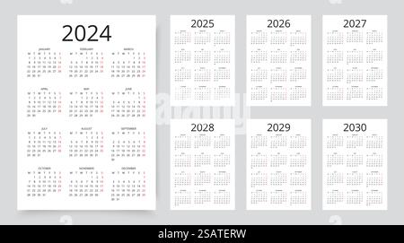 Calendrier pour 2024, 2025, 2026, 2027, 2028, 2029, 20230 ans. Disposition du calendrier. La semaine commence lundi. Illustration de Vecteur