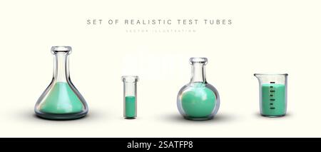 Collection de consommables de laboratoire réalistes remplis de liquide vert. Tubes à essai en verre, béchers, flacons de différentes formes en position verticale. Illustration vectorielle isolée dans le style de dessin animé. Collection de consommables de laboratoire réalistes remplis de liquide vert Illustration de Vecteur