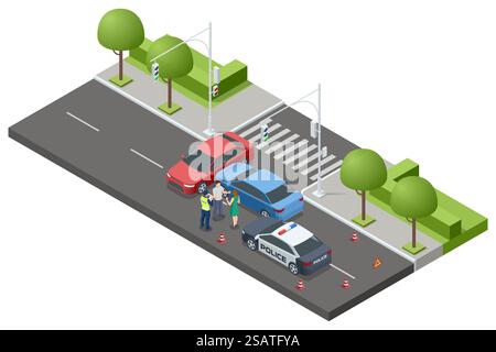 Accident de voiture avec deux véhicules. Deux voitures sont entrées en collision à une intersection, un policier servant de médiateur entre les conducteurs. La scène comprend un piéton Illustration de Vecteur