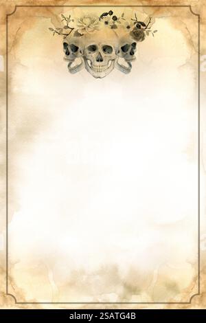 Vieux papier jauni avec un tampon crânien. Signe pirate sur un vieux manuscrit. Fond aquarelle avec des gouttes de peinture, imitation de la texture d'un vieux manuscrit en sépia. Arrière-plan abstrait flou. Banque D'Images