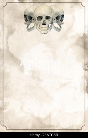 Vieux papier jauni avec un tampon crânien. Signe pirate sur un vieux manuscrit. Fond aquarelle avec des gouttes de peinture, imitation de la texture d'un vieux manuscrit en sépia. Arrière-plan abstrait flou. Banque D'Images