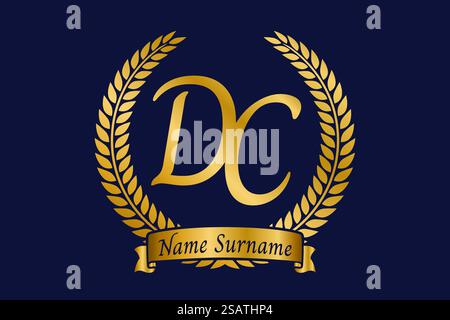 Lettre initiale d et C, logo DC monogramme avec couronne de laurier. Emblème doré de luxe avec police calligraphie. Illustration de Vecteur