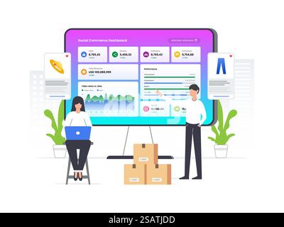 Illustration vectorielle plate du tableau de bord d'informations d'analyse Web pour la statistique de site Web de commerce social. Homme et femme utilisant l'ordinateur pour analyser les données sur le tableau de bord du commerce social. Illustration de Vecteur