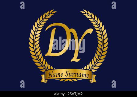 Lettre initiale d et y, logo DY monogramme avec couronne de laurier. Emblème doré de luxe avec police calligraphie. Illustration de Vecteur