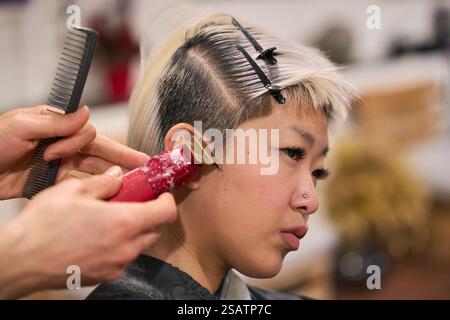 Coiffeur coupant les cheveux de la jeune femme dans le salon Banque D'Images