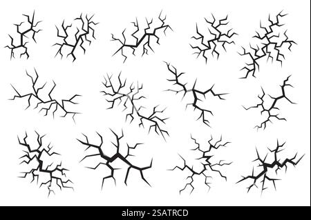 Mega Set effet craquelé dans un design plat. Éléments de faisceau de fissures de sol de surface, fissures endommagées, ruptures rugueuses sur le terrain et rayures de ligne dans la vue de dessus. Illustration vectorielle d'objets graphiques isolés Illustration de Vecteur