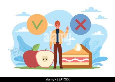 Choix alimentaires sains, objectifs et plan pour un corps tonique. Homme et énorme gâteau et pomme, dessert et fruits, régime et détox. Comparaison de la restauration rapide et du menu équilibré. Concept isolé de style plat de dessin animé vectoriel. Choix alimentaires sains, objectifs et plan pour un corps tonique. Homme et énorme gâteau et pomme, dessert et fruits, régime et détox. Comparaison de la restauration rapide et du menu équilibré. Concept plat de dessin animé vectoriel Illustration de Vecteur