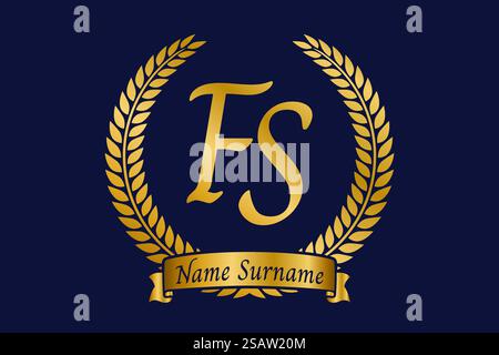 Lettre initiale F et S, logo FS monogramme avec couronne de laurier. Emblème doré de luxe avec police calligraphie. Illustration de Vecteur
